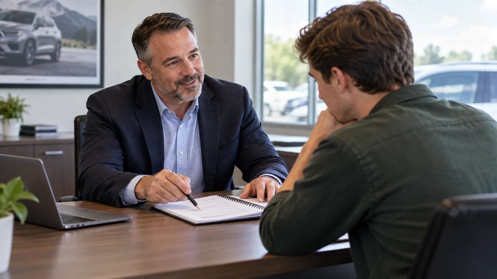 Illustrative mentor helping a first-time buyer understand vehicle budgeting