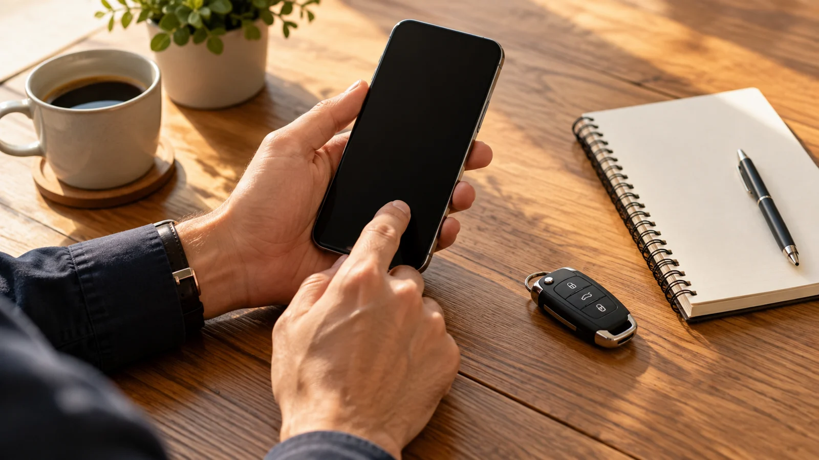 Illustrative smartphone, notebook and vehicle key, with no account details