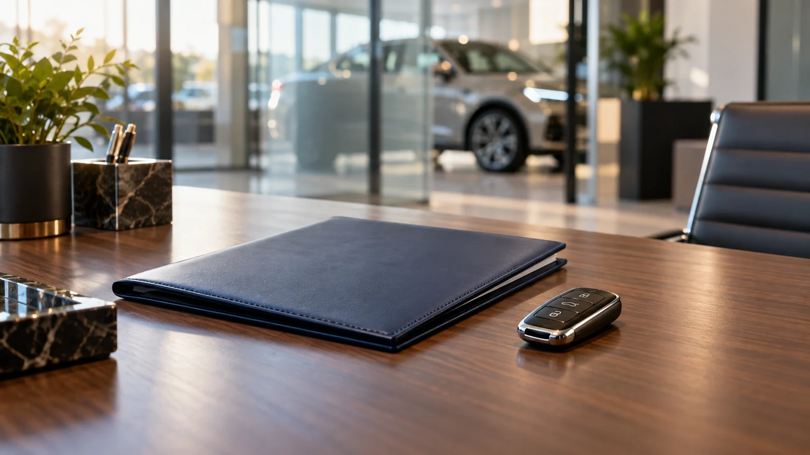 Illustrative closed folder and vehicle key in a dealership office