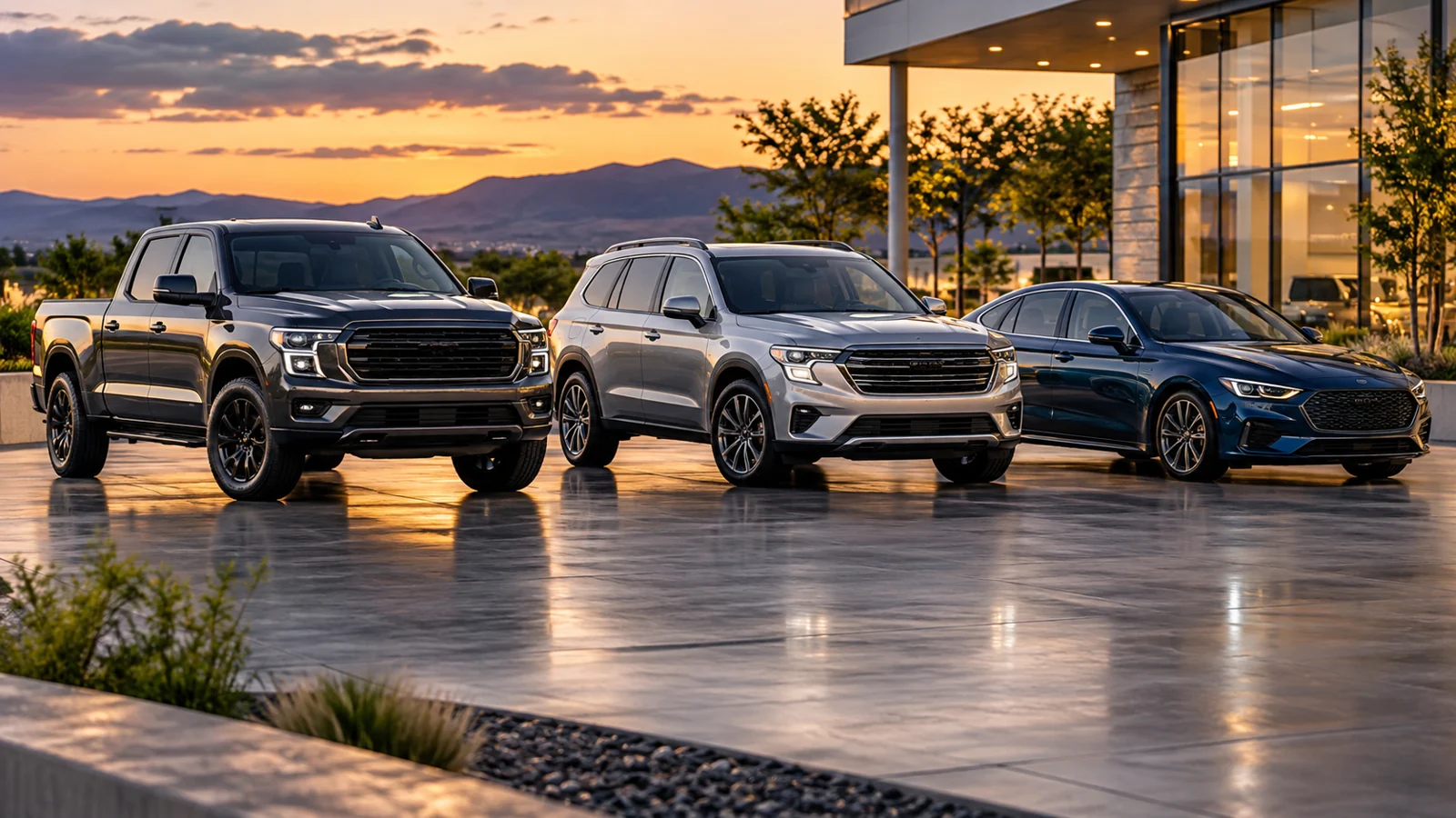Illustrative lineup of a pickup, family SUV and sedan, not inventory listings